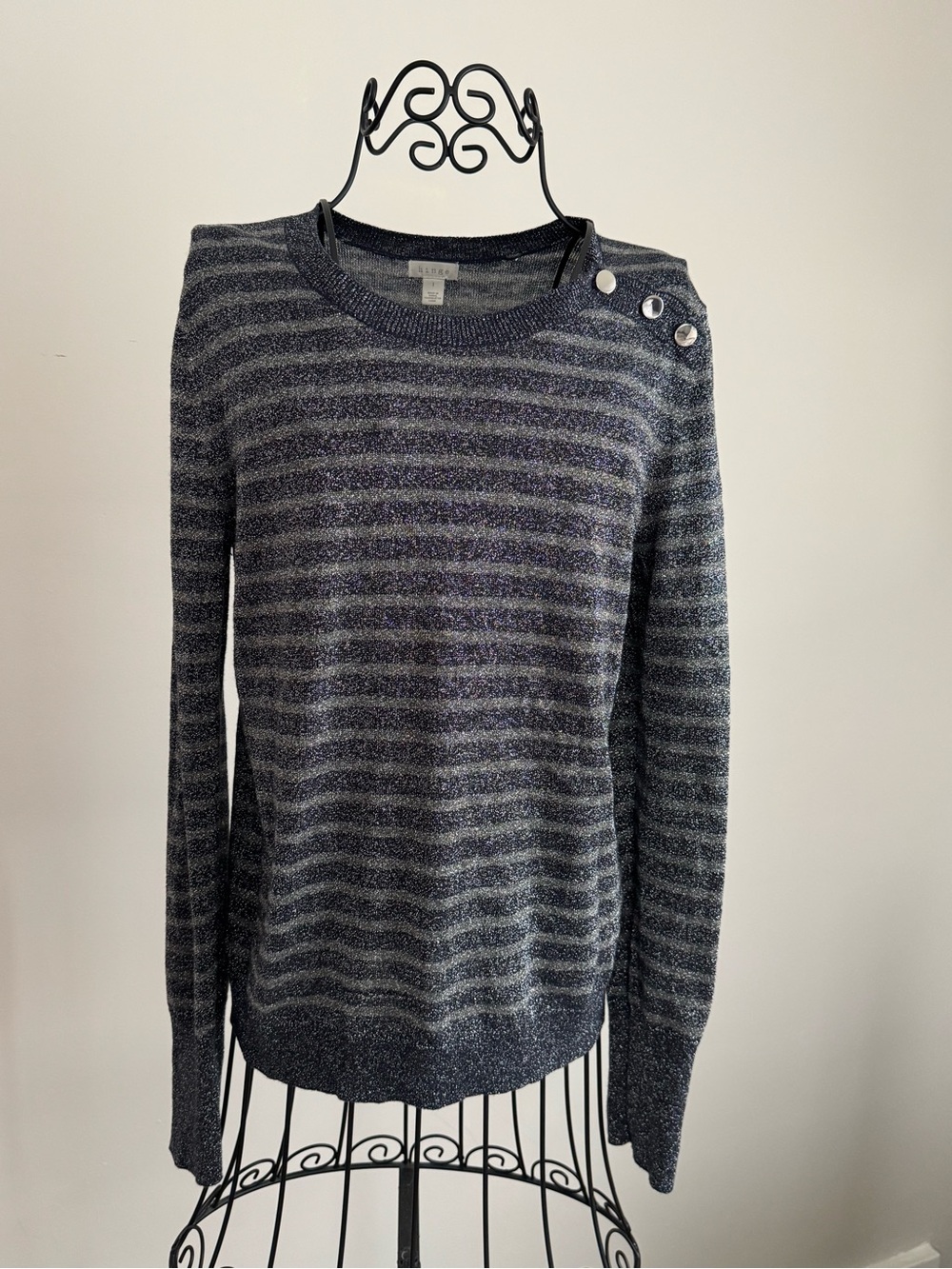 Hinge Striped Soft MetallicCrewneck Sweater with Shoulder Buttons - navy/silver